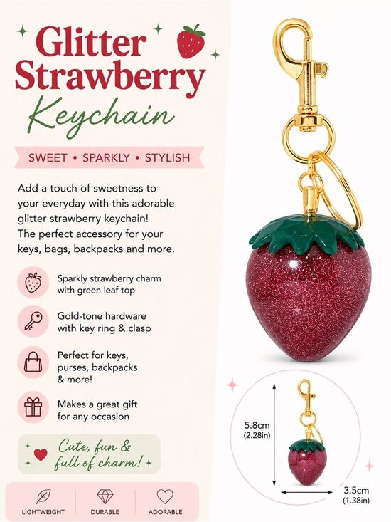 Unbranded Accessories - Glitter Strawberry Keychain or Bag Charm with Gold Hardware